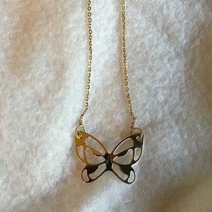 14K Sold Gold Butterfly Pendant Necklace 18” Chain